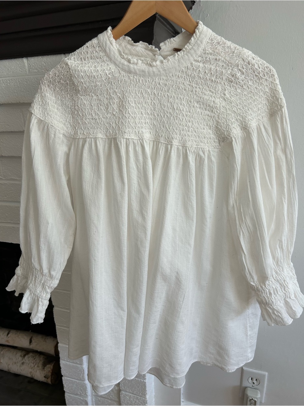 Free People White Smocked Yoke Blouse Size S Oversized